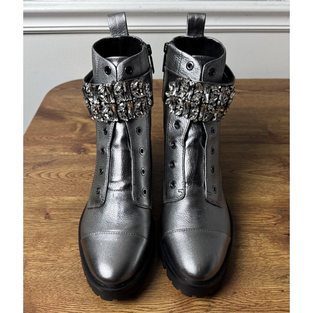 Karl Lagerfeld Paris Pippa Combat Boots Size 10 Silver Crystal Rhinestone Straps